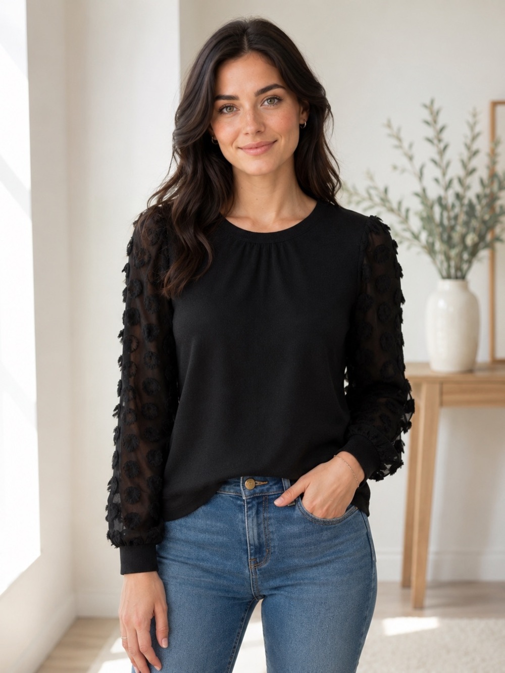 THML Sheer Sleeve Black Blouse Top